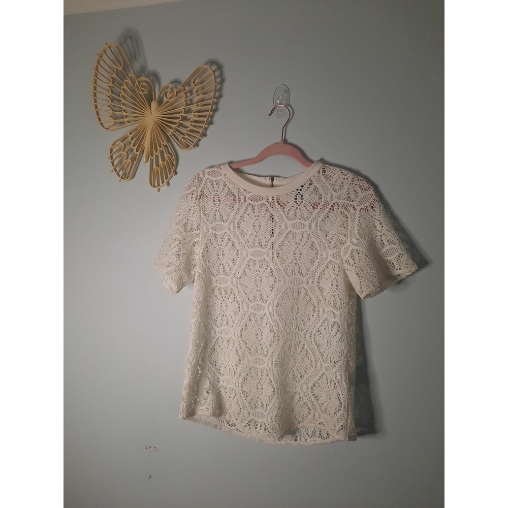 Banana‎ Republic Womens Cream White Lace Short Sleeve Blouse Top Back Zip Small